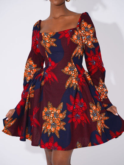 Square Neck Printed Puff Sleeve A-Line Dress