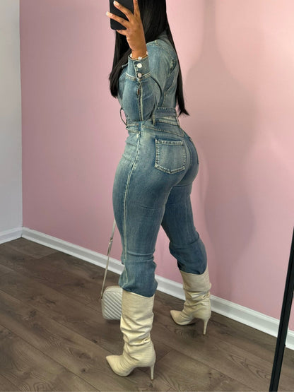 Long Sleeve Zipper Denim Jumpsuit