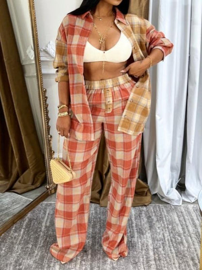 Plaid Shirt And Wide-legged Pants Set