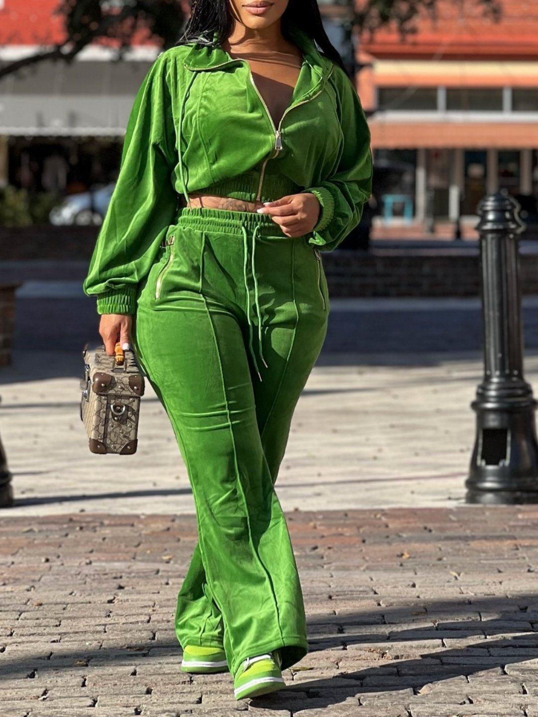 Green Hooded Zipper Jacket And Wide Leg Pants Set