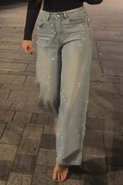 Full Diamanté Embelished Wide Leg Denim Jeans