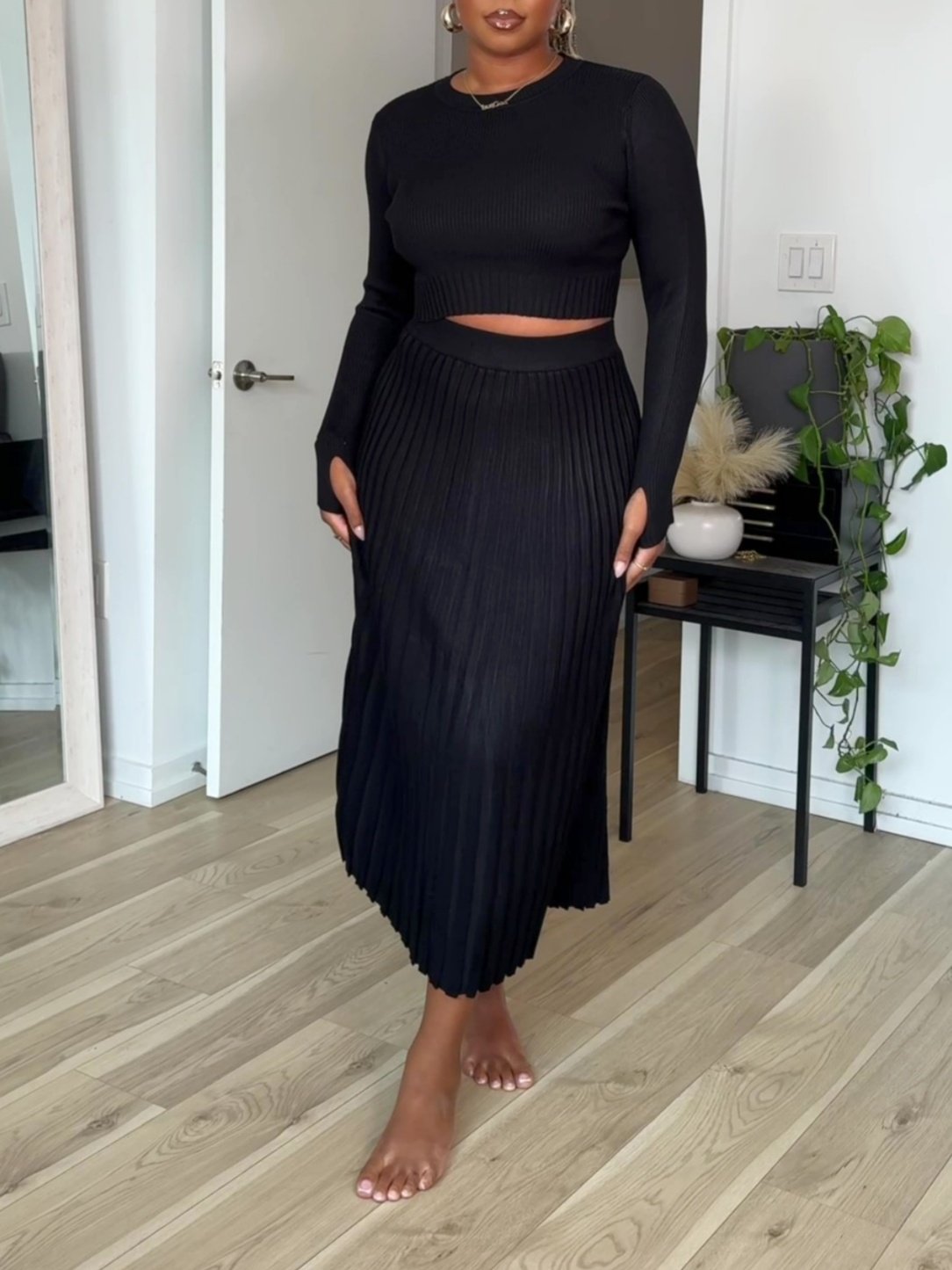 Long Sleeve Crop Top Ribbed Split Bodycon Midi Dress Set