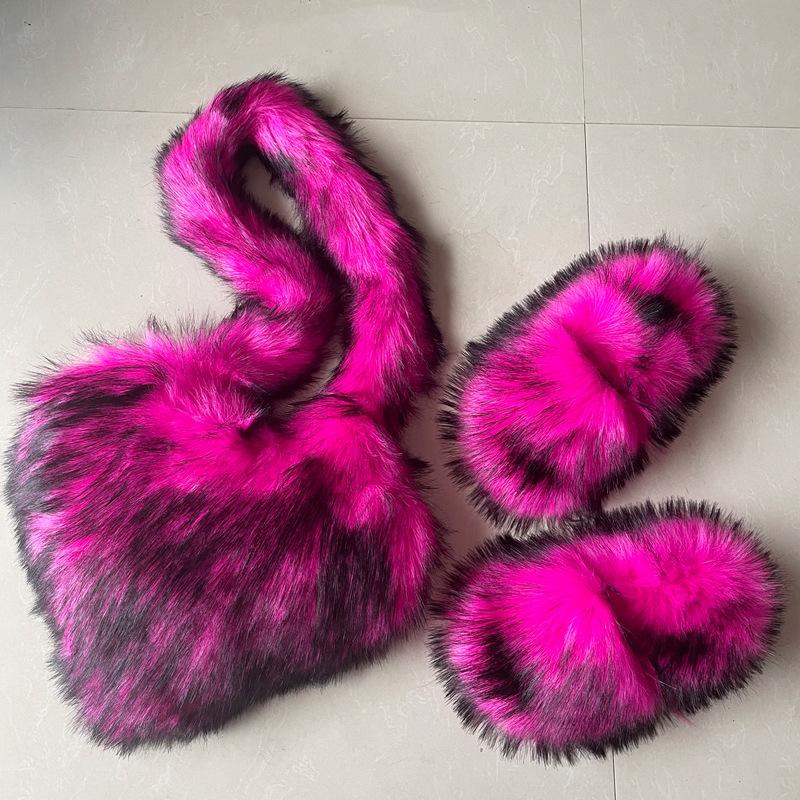 Faux Fur Slides With Matching Heart Shaped Crossbody Bag