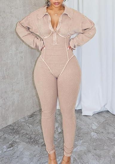 Sexy Ribbed Patchwork Bodycon Long Sleeve Jumpsuit