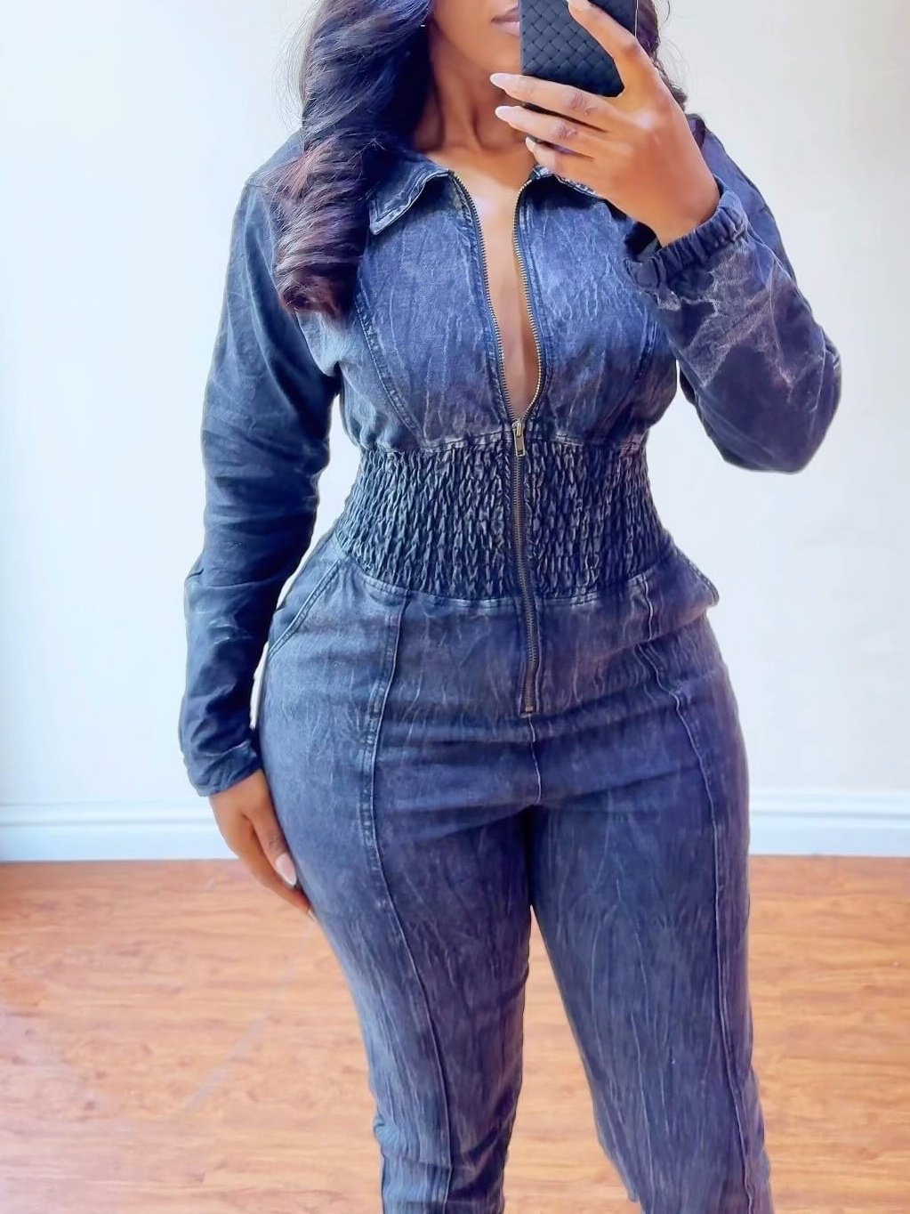 Long Sleeve Zipper Denim Jumpsuit