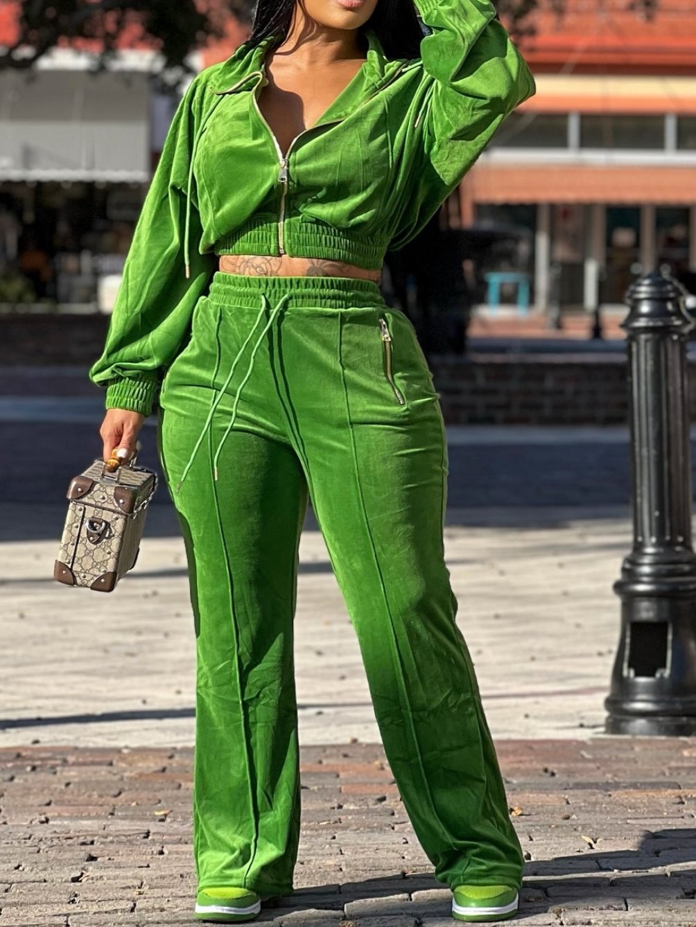 Green Hooded Zipper Jacket And Wide Leg Pants Set