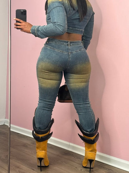 Denim Biker Crop Long Sleeve Jacket And Bootcut Jeans Set