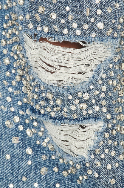 Denim Rhinestone Sparkle Fashion Distressed Wide Leg Jeans