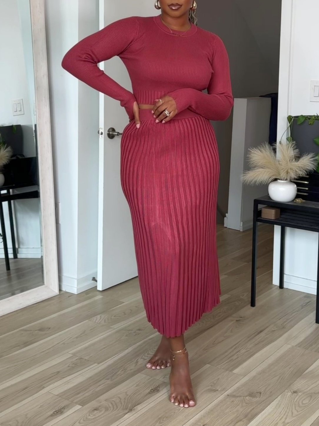 Long Sleeve Crop Top Ribbed Split Bodycon Midi Dress Set