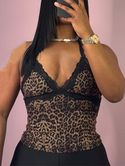 Mesh Cheetah Print Halter Tank Top And Pant 2pc Set