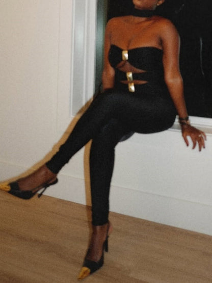 Metal Stitching Hollow Chest Wrap Black Tight Jumpsuit