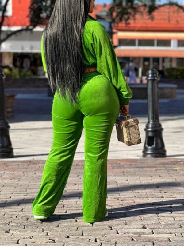 Green Hooded Zipper Jacket And Wide Leg Pants Set