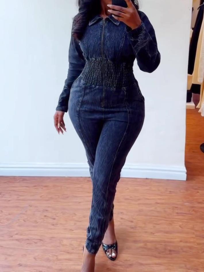 Long Sleeve Zipper Denim Jumpsuit