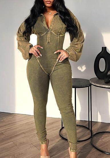 Sexy Ribbed Patchwork Bodycon Long Sleeve Jumpsuit