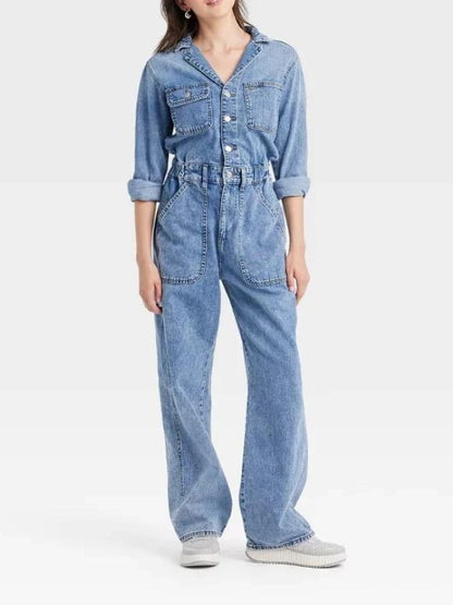 Long Sleeve Utility Baggy Denim Jumpsuit