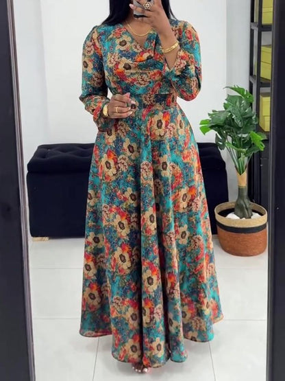 Long Sleeve V-neck Printed Maxi Dress