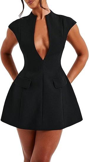 Deep V Neck Zipper A-line Mini Dress
