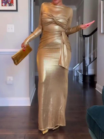 Gold Pleated Slim Dress