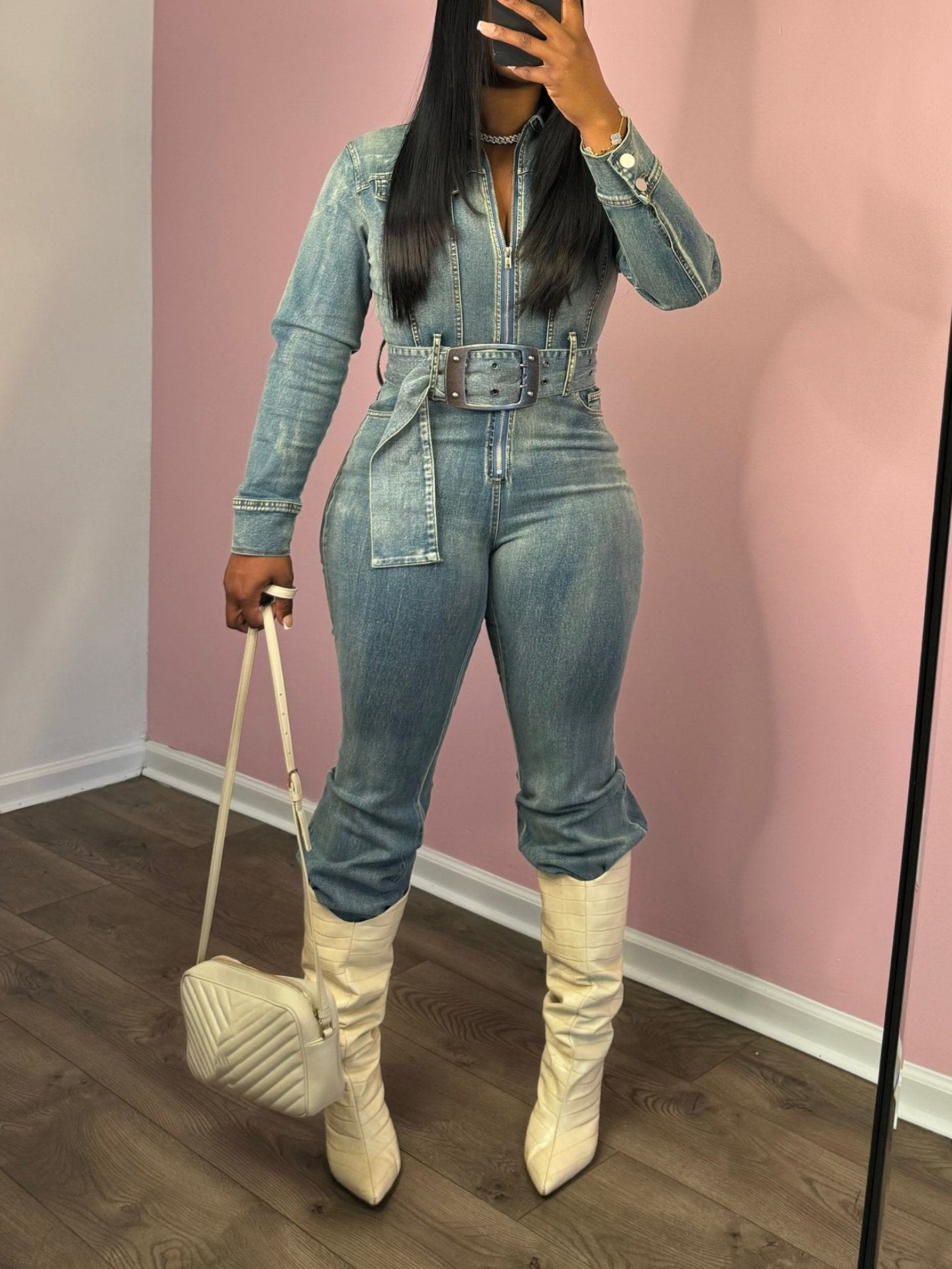 Long Sleeve Zipper Denim Jumpsuit