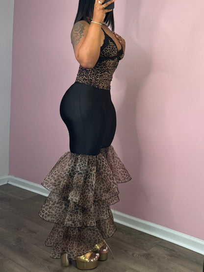 Mesh Cheetah Print Halter Tank Top And Pant 2pc Set