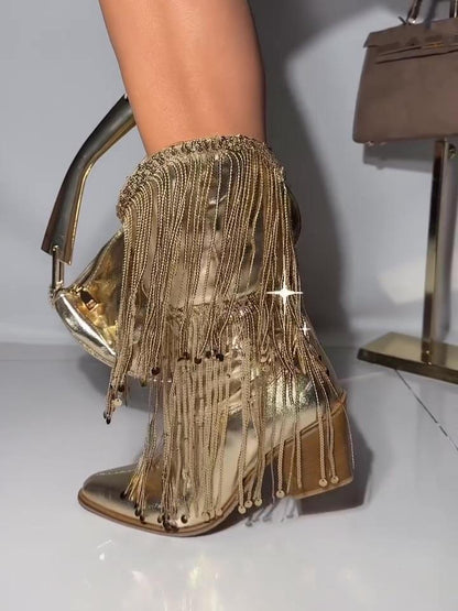 Women's Pointed Boots Thick Heel Tassel Boots
