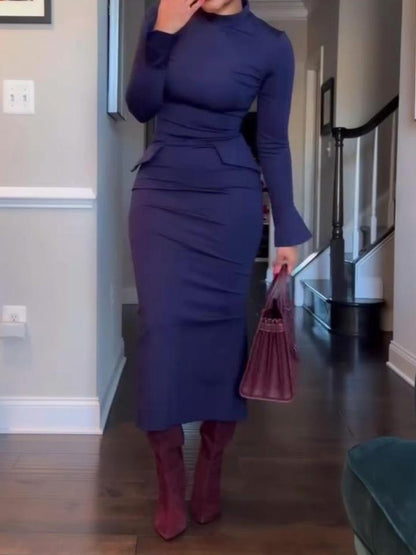 Women's Long Sleeve Mock Turtle Neck Bodycon Back Slit Maxi Dress