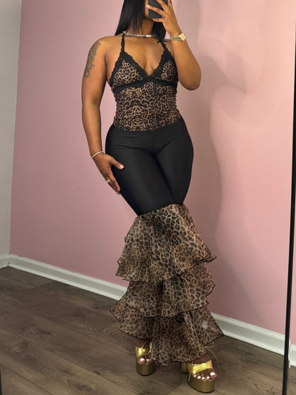 Mesh Cheetah Print Halter Tank Top And Pant 2pc Set