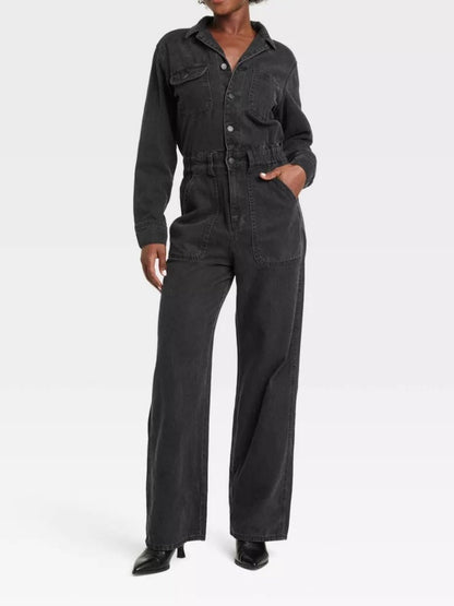 Long Sleeve Utility Baggy Denim Jumpsuit