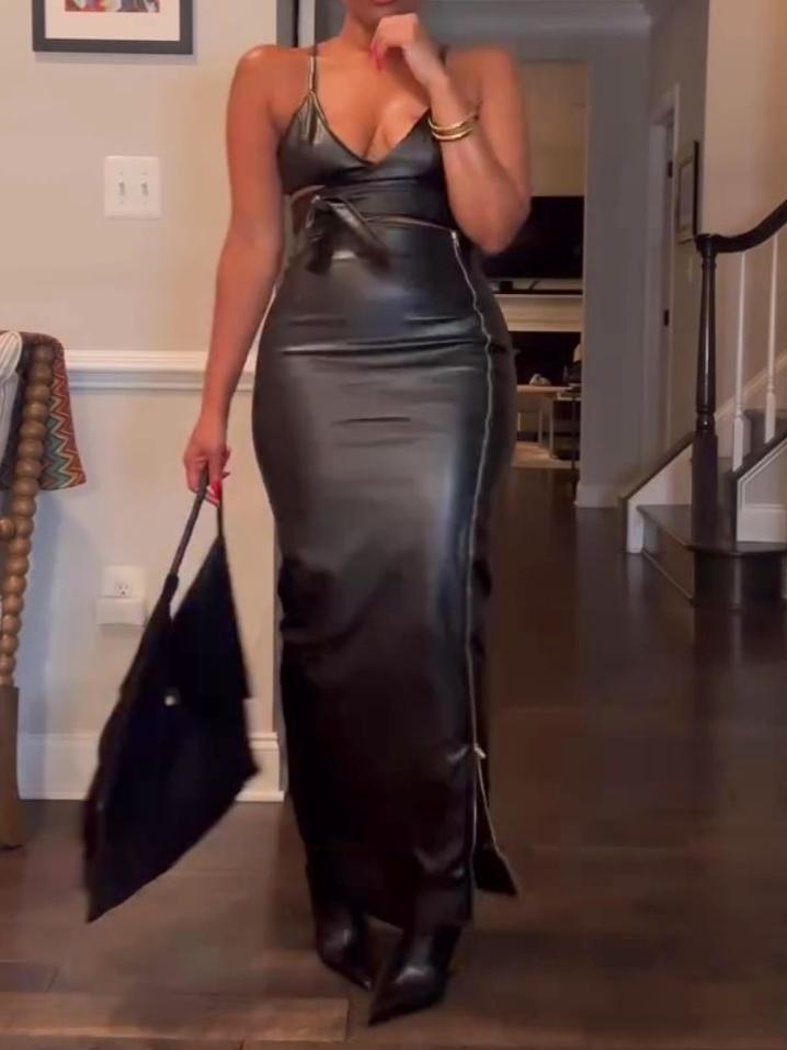 Vegan Leather Maxi Skirt Set With Zipper