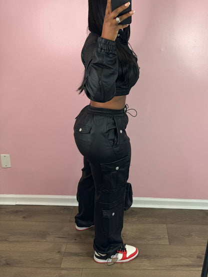 PU Short Jacket And Cargo Pants Set