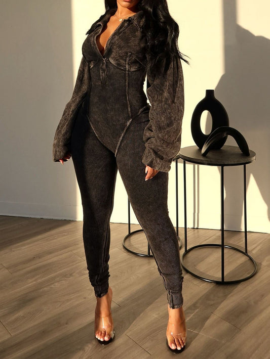 Sexy Ribbed Patchwork Bodycon Long Sleeve Jumpsuit