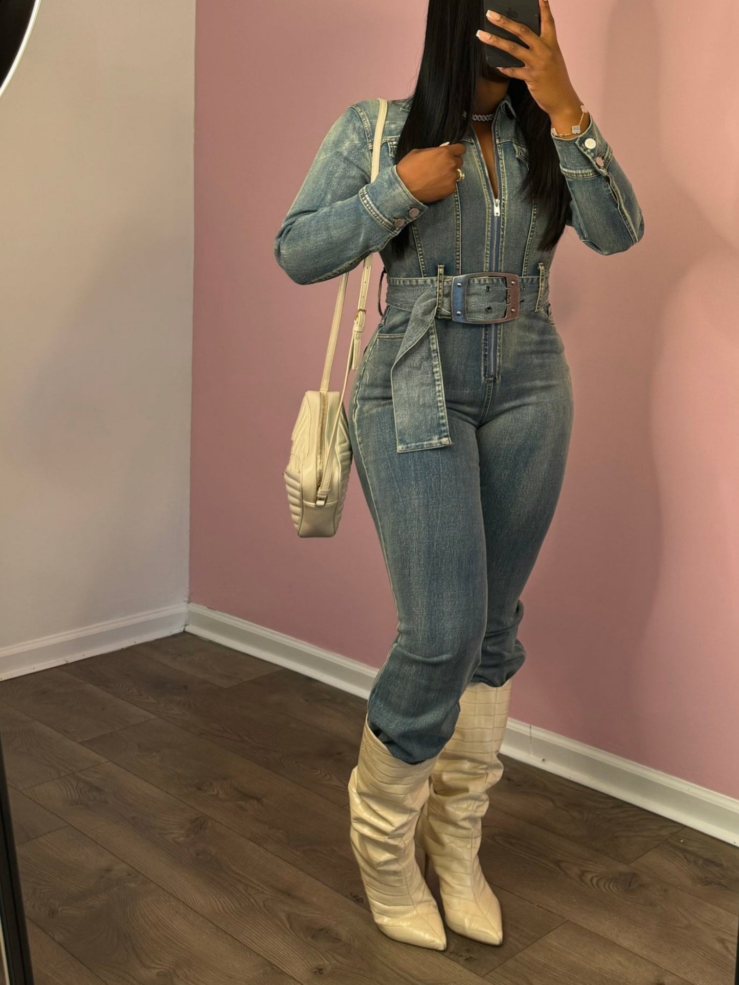 Long Sleeve Zipper Denim Jumpsuit