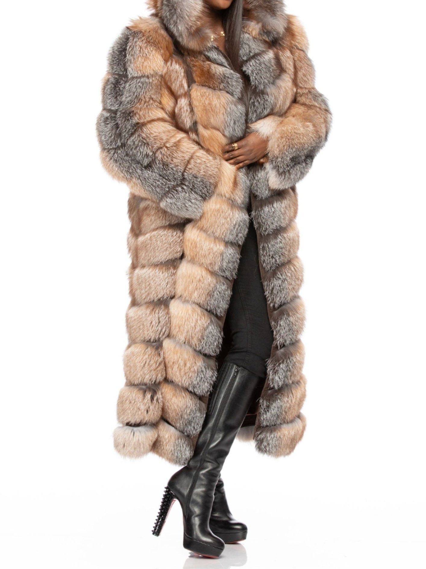 Long Eco-friendly Fox Fur Hooded Coat