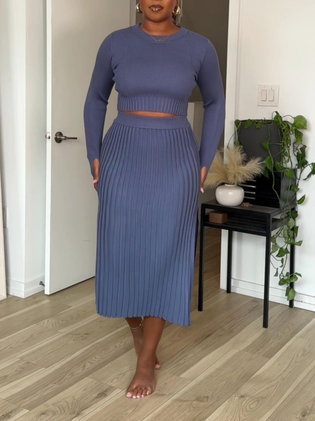 Long Sleeve Crop Top Ribbed Split Bodycon Midi Dress Set