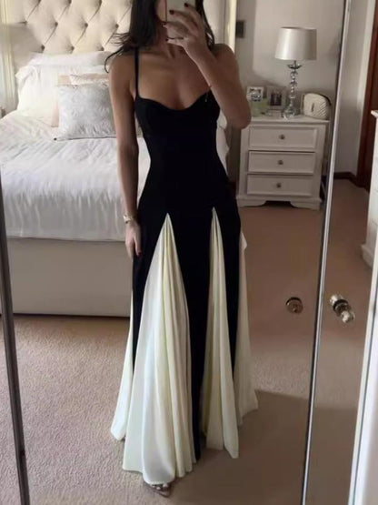 Elegant Slim Black And White Stitching Suspender Dress