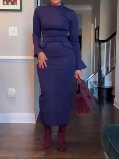 Women's Long Sleeve Mock Turtle Neck Bodycon Back Slit Maxi Dress