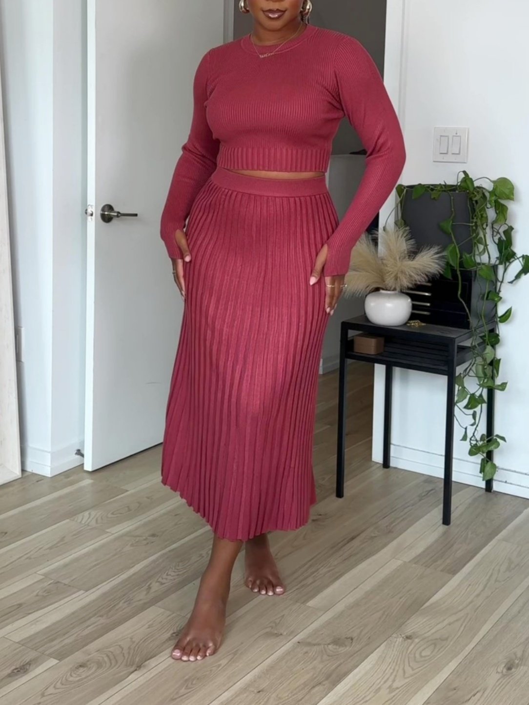 Long Sleeve Crop Top Ribbed Split Bodycon Midi Dress Set