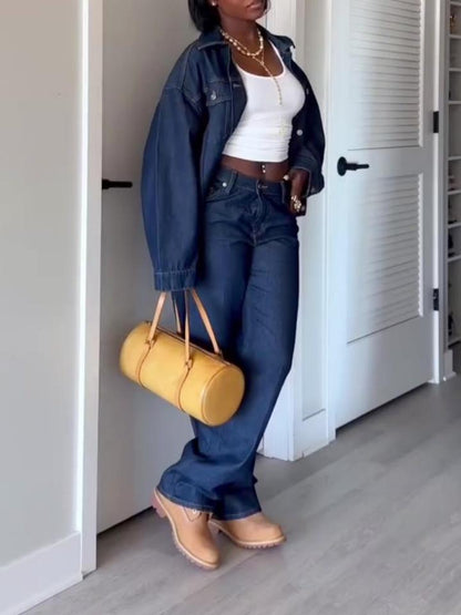 Denim Jacket And Wide-legged Pants Set