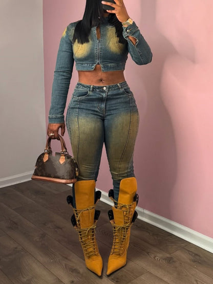 Denim Biker Crop Long Sleeve Jacket And Bootcut Jeans Set