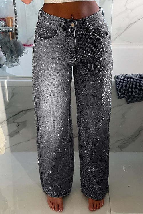 Full Diamanté Embelished Wide Leg Denim Jeans