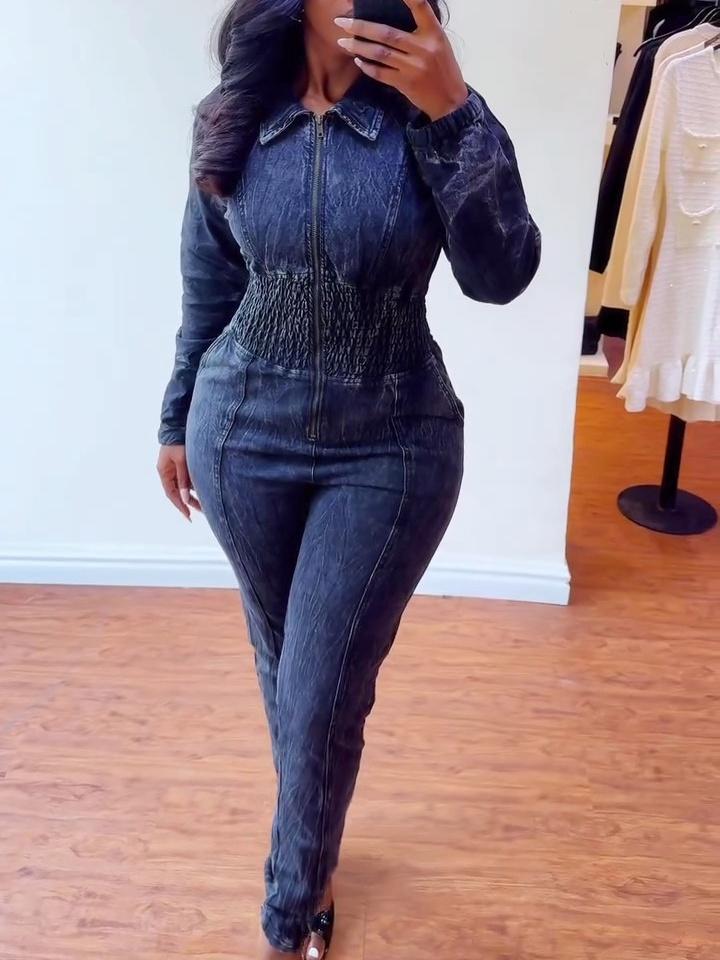 Long Sleeve Zipper Denim Jumpsuit