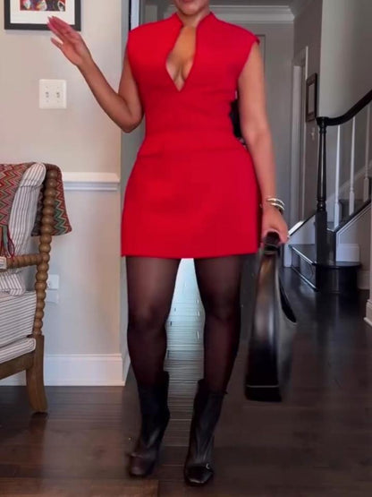 Deep V Neck Zipper A-line Mini Dress