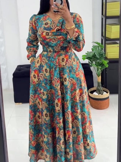 Long Sleeve V-neck Printed Maxi Dress