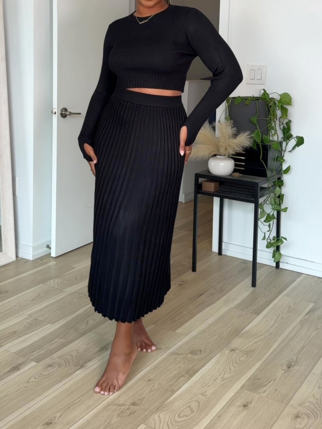 Long Sleeve Crop Top Ribbed Split Bodycon Midi Dress Set