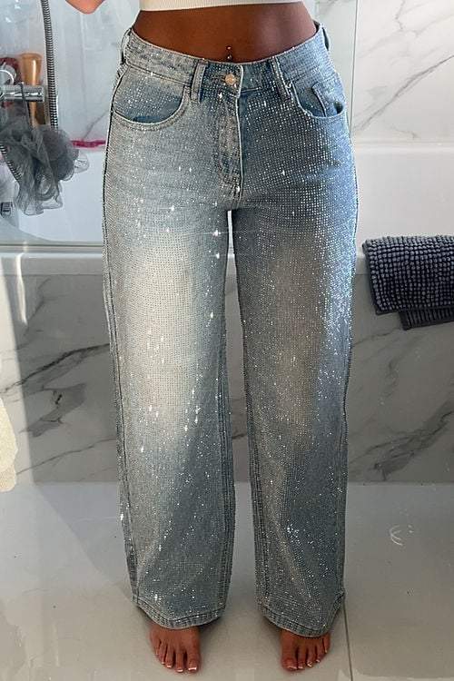 Full Diamanté Embelished Wide Leg Denim Jeans