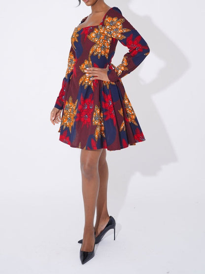 Square Neck Printed Puff Sleeve A-Line Dress