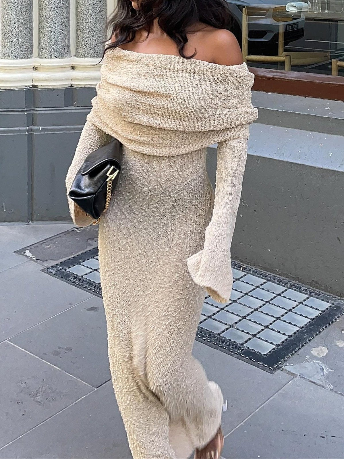 Long-sleeved Knitted Off-shoulder Dress