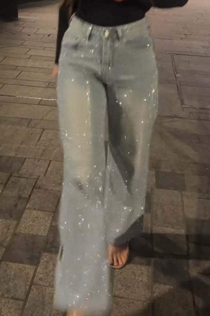 Full Diamanté Embelished Wide Leg Denim Jeans