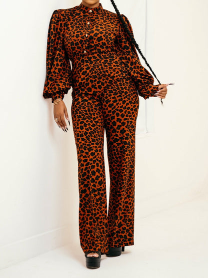 Stand Collar Top And High Waist Pant Leopard Print Two Piece Set