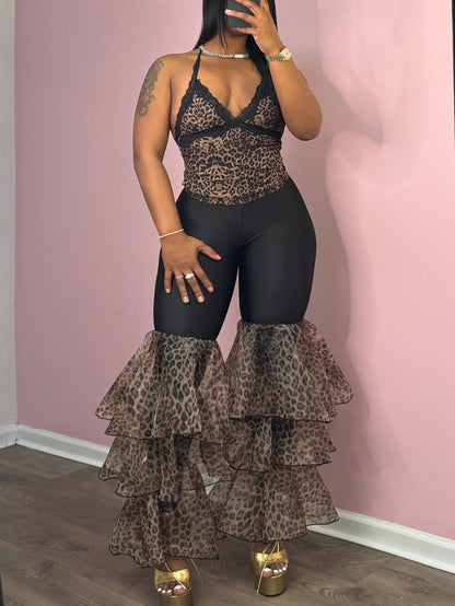 Mesh Cheetah Print Halter Tank Top And Pant 2pc Set